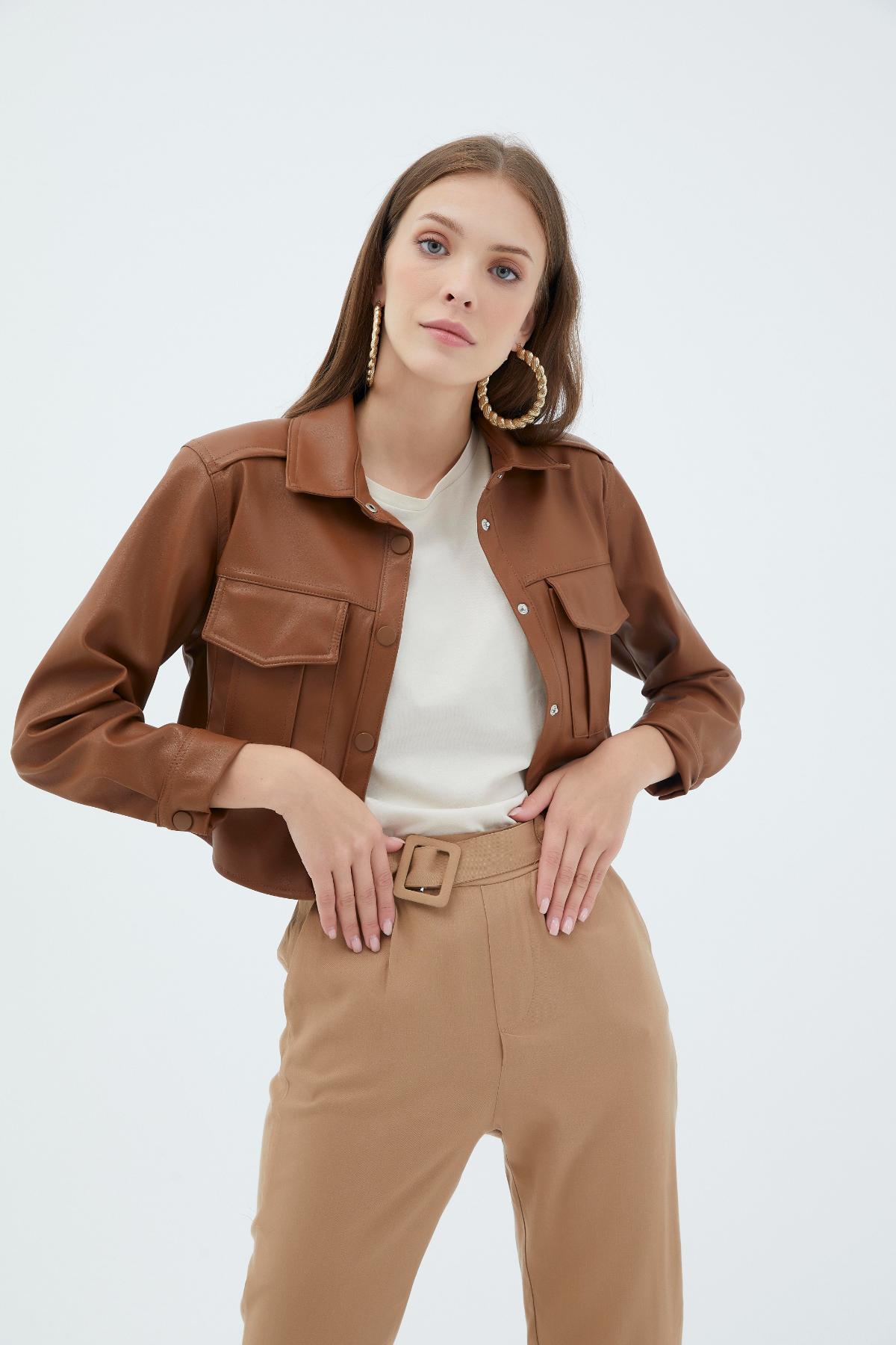 Short Faux Leather Jacket with Pockets - Brwon